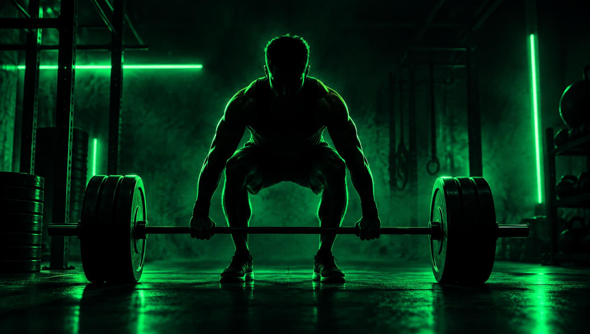 Athlet beim Kreuzheben in dunklem Gym mit grünem Licht
